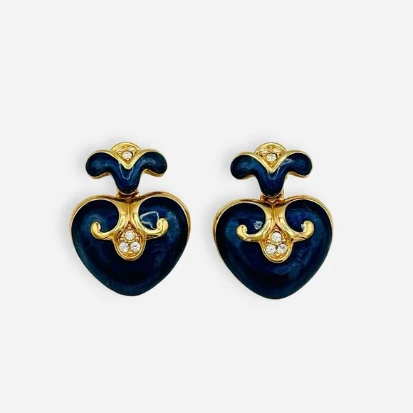 Vintage Swarovski Heart Clip Earrings Crystal Swan Navy‎ Blue Enamel Gold Dangle