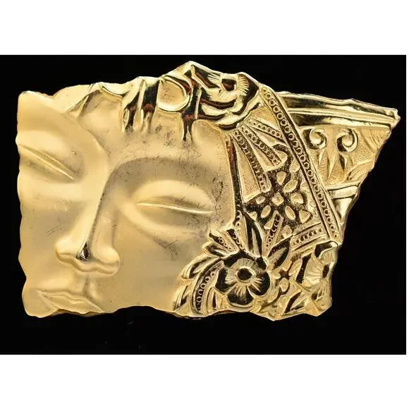 JJ Vintage Pin Brooch Asian Abstract Statue Brushed Gold Signed 1980s BinAJ