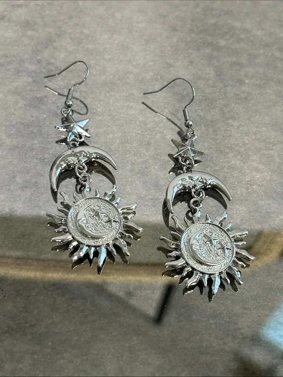 Whimsical Silver Sun and Crescent Moon Dangle Earrings - Women Jewelry