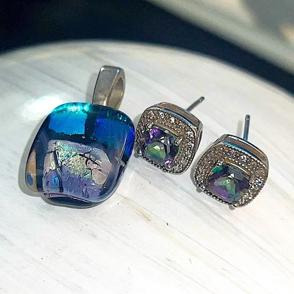 Mystic‎ Fire Topaz Cushion Cut Stud Earrings & Dichroic Fused Glass Foil Pendant