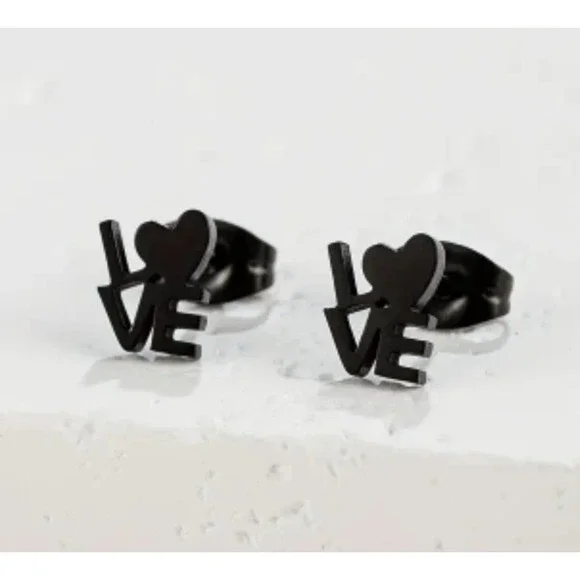 Matte Black LOVE Heart Stud Earrings Stainless Steel Minimalist Jewelry