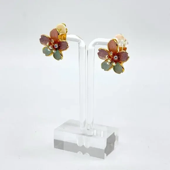 Vintage Pink Purple Blue Flower Rhinestone Clip-On Earrings Estate Statement
