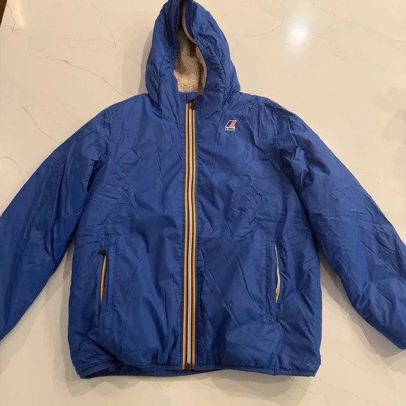 K Way Kids Reversible Blue Sherpa Lined‎ Hooded Jacket Size 12 Years