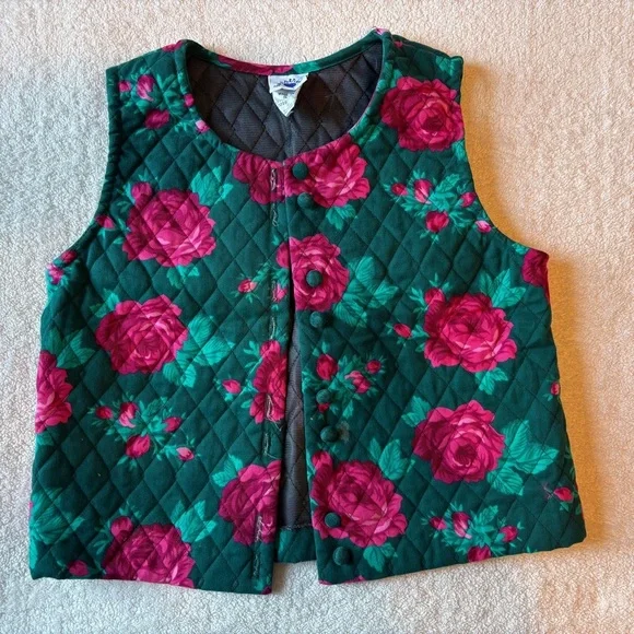 Vintage Hartstrings Floral Quilted Vest. Green and Pink. Girls Sz 8