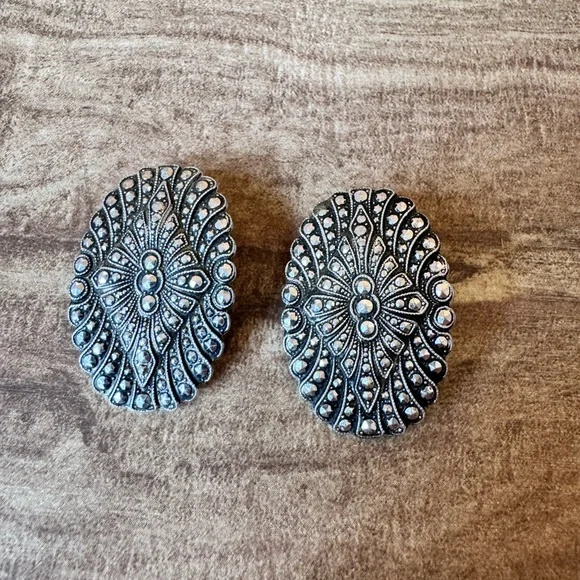 W. Germany Signed Silver Tone Clip-on Earrings Victorian Old Money Art Deco
