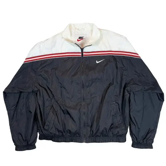 Vintage Nike Jacket LG (12-14) Black White Windbreaker Track Full Zip Swoosh 90s