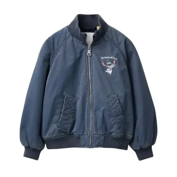 Zara Girls Disney Stitch & Angel Distressed Bomber Jacket, Size 11/12 Years