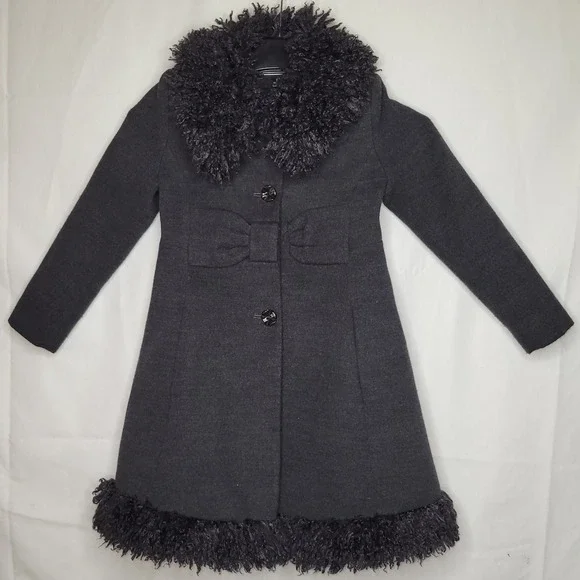 RARE....2013 Rothschild Grey Wool Blend Princess Coat w/ Faux‎ Mongolian Fur