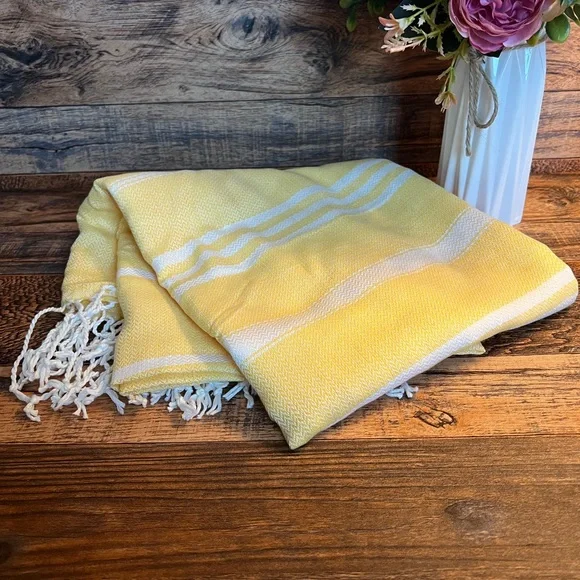 Yellow and White Striped Turkish Beach Towel