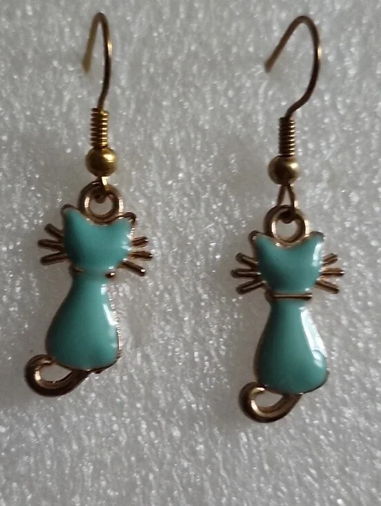 Hand Crafted Teal Cat Dangle Earrings with Gold Accents