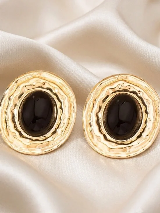 Vintage Oval Gold Earrings with Black Center