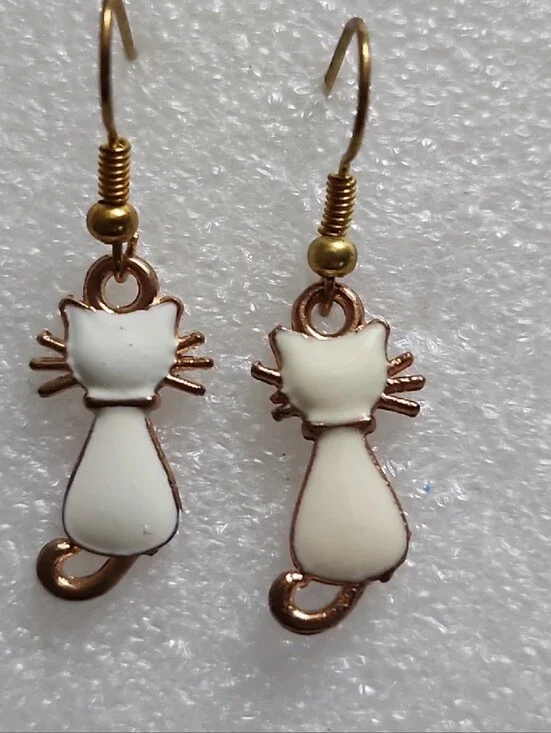 Hand Crafted White and Gold Cat Dangle Earrings