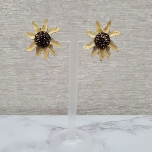 BSK Vintage Sunflower Clip On Earrings Cream Enamel Gold Toned Brown Rhinestones