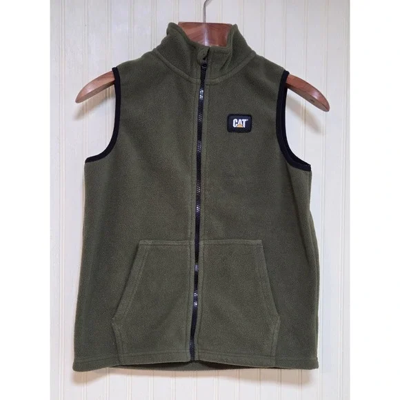 CAT Caterpillar Vest Youth Medium 10/12 Green Fleece Full Zip‎ Workwear Outdoor