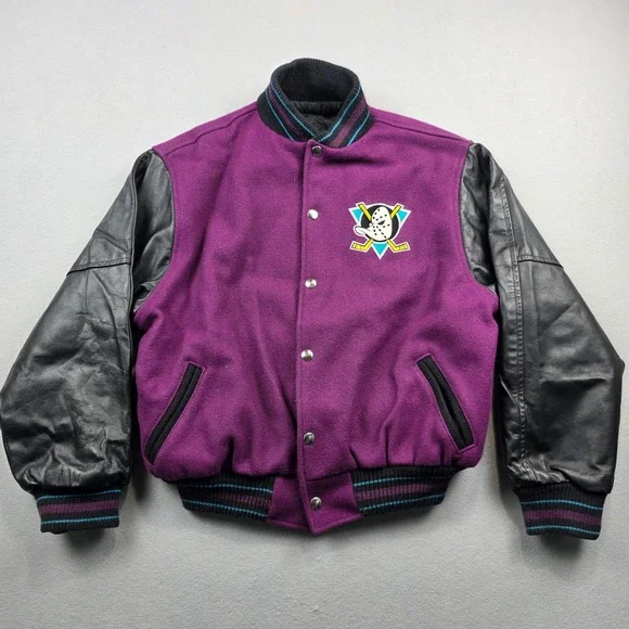 Vintage Mighty Ducks NHL Varsity Jacket Purple Black‎ Kids Size 14 Identity Inc