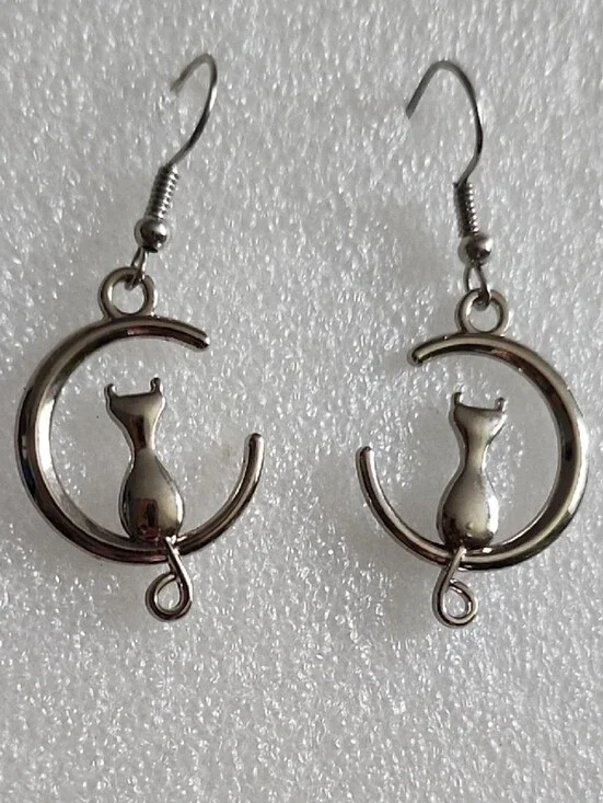 Hand Crafted Silver Cat in Crescent Moon Drop Earrings