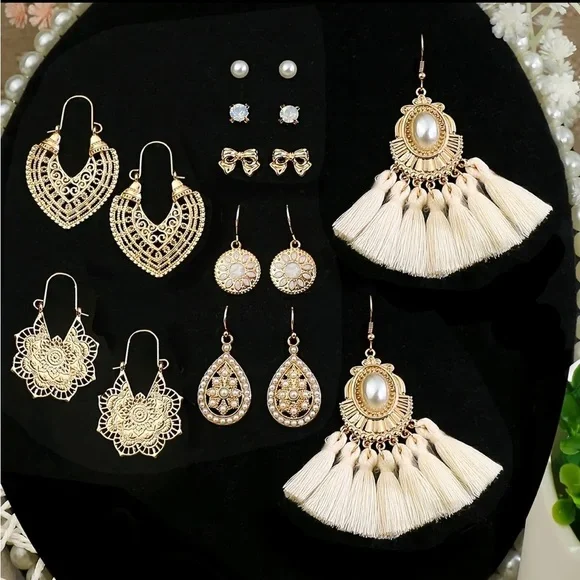 8 Pairs Boho Gold Pearl Drop Earrings Set