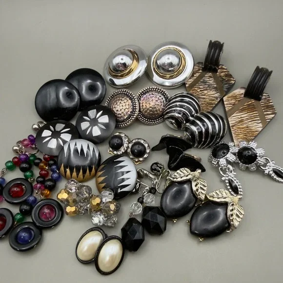 Vintage Clip On Earring Lot 13 Pairs 80s 90s Retro Geometric Pearl Beaded Black