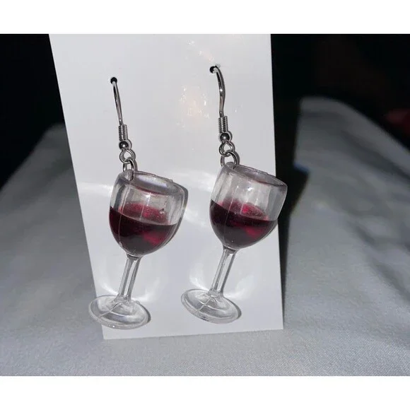 Earrings Wine Glass w/ Red Wine Dangle Lightweight Winery Party Drink‎ Whimsical