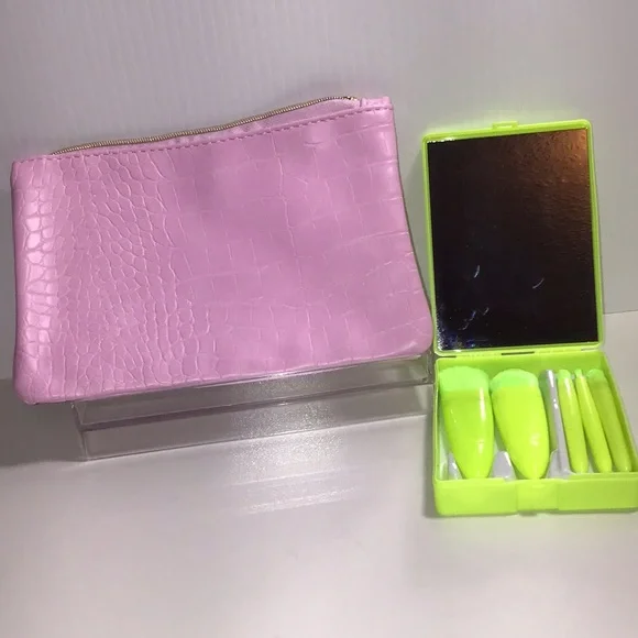 Pink Croc-Embossed Ipsy bag and 5 travel sized makeup brush set NEW