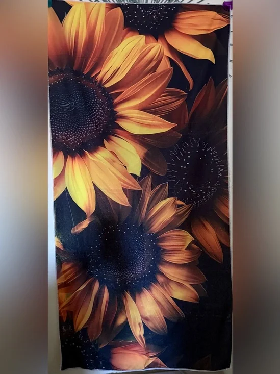 Sunflower Print beach towel - Bold Yellow & Black Floral 26” x 55”