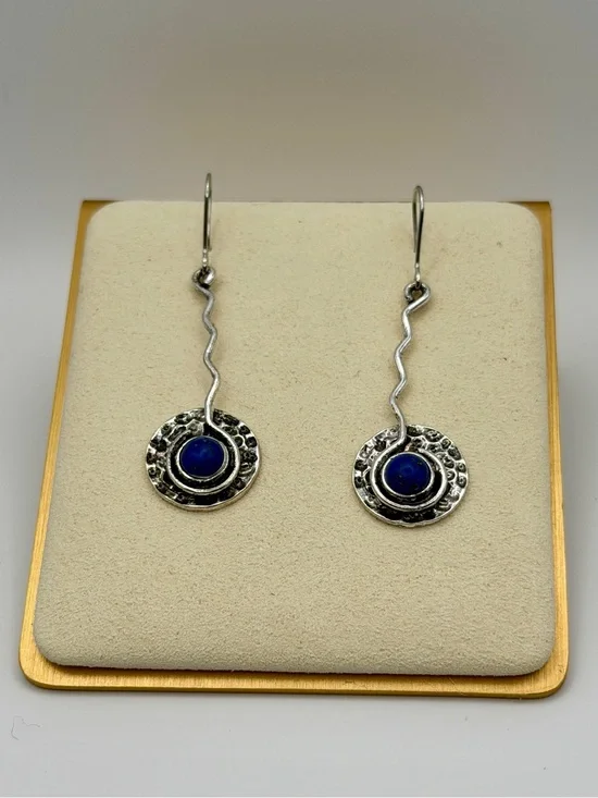 Artisan Sterling Silver Lapis Lazuli Wavy Drop Hammered Disc Dangle Earrings