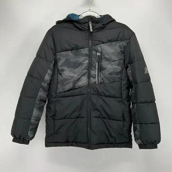 ZeroXposur‎ Boy's Heavyweight Puffer Coat Black Camo Hooded Jacket Youth Medium