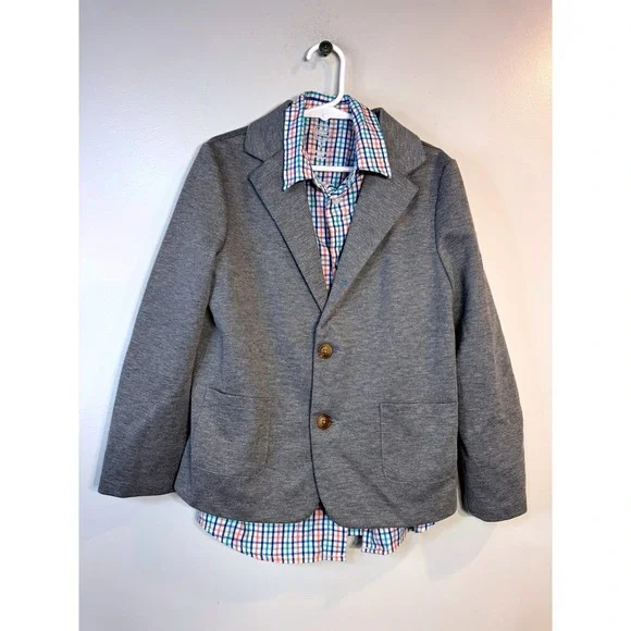 Wonder Nation Gray Knit Blazer & Plaid‎ Button Down Shirt Set Boys 7 Easter Prep