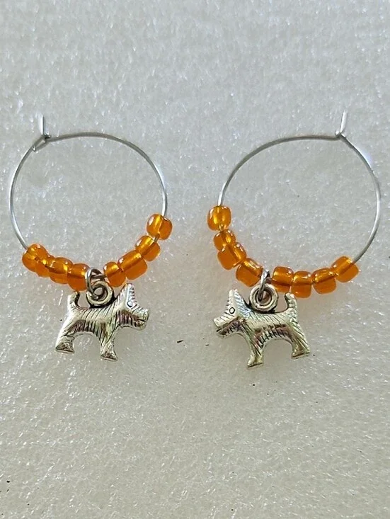 Hand Crafted Silver Dog Charm Hoop Earrings with Orange Beads