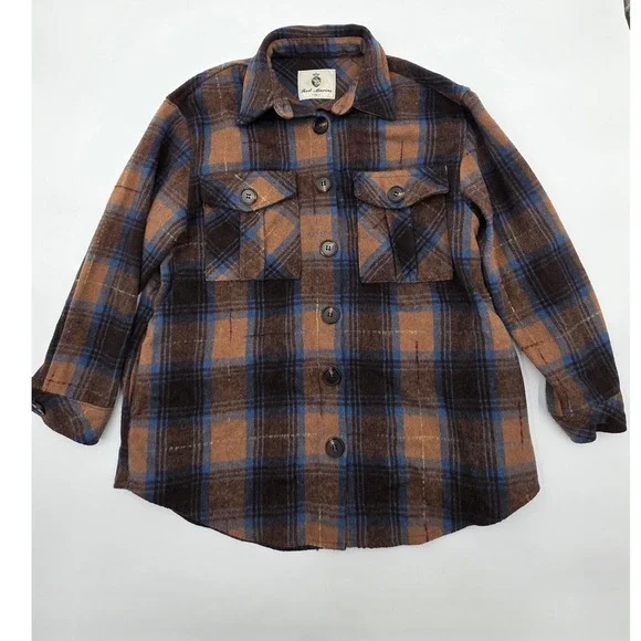 Red Marine Kids Plaid Flannel Shirt Jacket Brown Blue‎ Button Down Youth Large