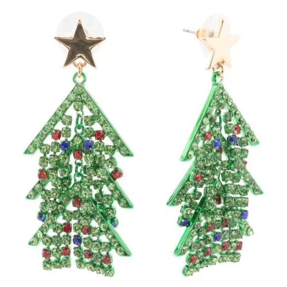 NWT BETSEY JOHNSON Green Crystal Christmas Tree Drop Earrings Festive Holiday