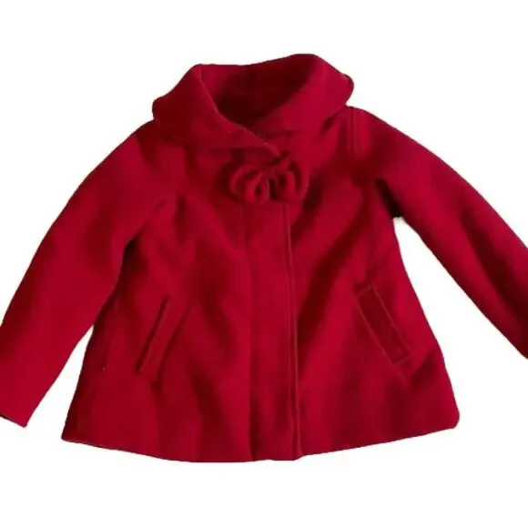 Girl's London Fog Red Coat, Bow, Shawl Collar, Pockets, 24M
