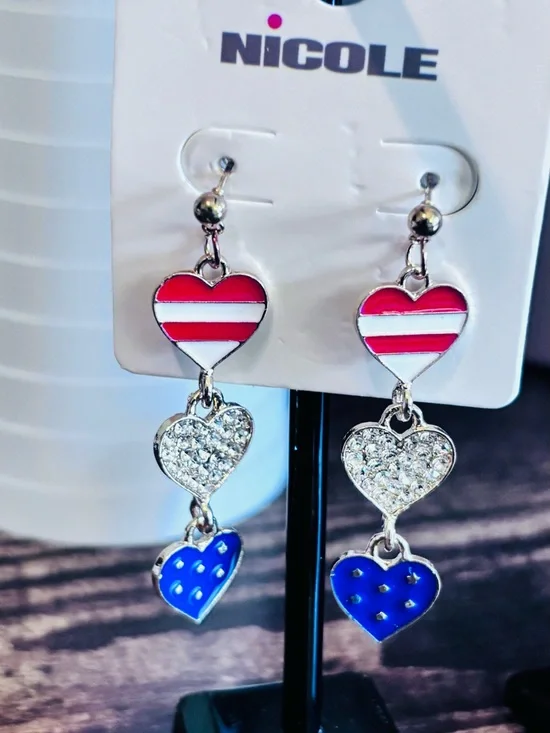 Nicole Red, White & Blue Triple Heart Drop Earrings in Silver Tone