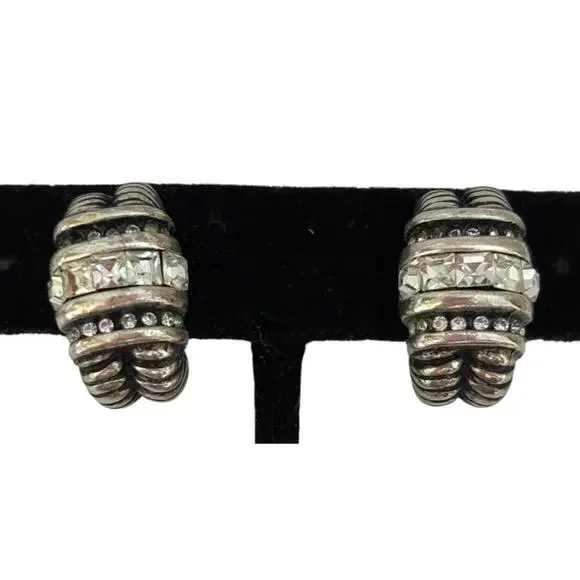 Silver Tone Renaissance Revival Half Hoop Clip On Crystal Earrings High End