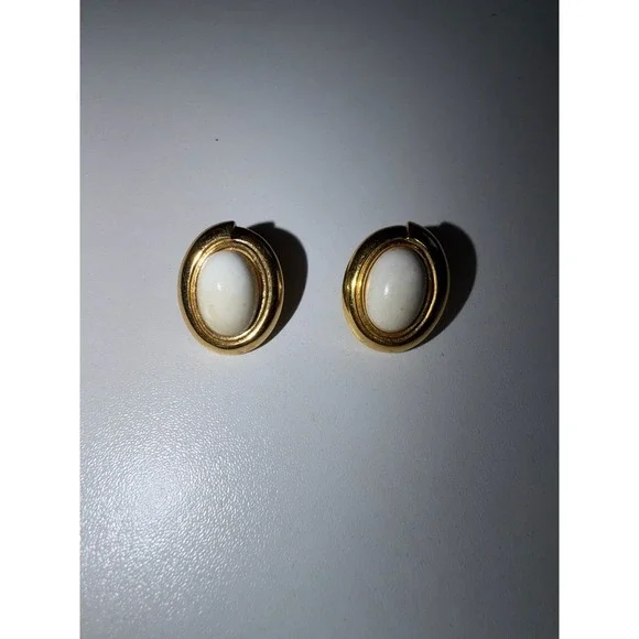 Monet Gold Tone White Cabochon Vintage Earrings 70's 80's