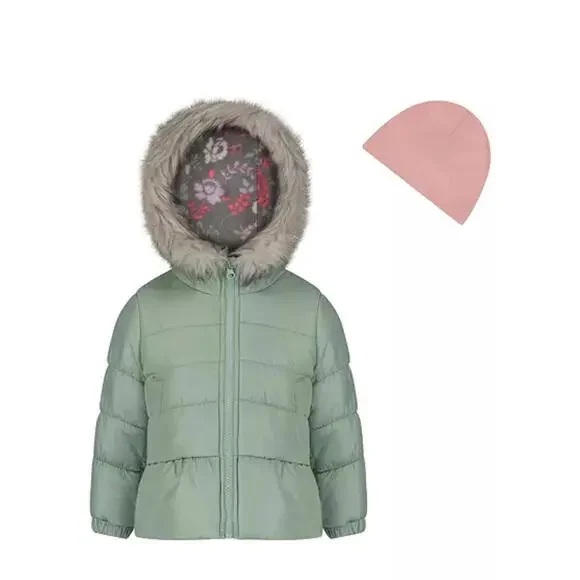 Weathertamer Little Girls Solid with Faux Fur Trim Jacket and Fleece Beanie Set