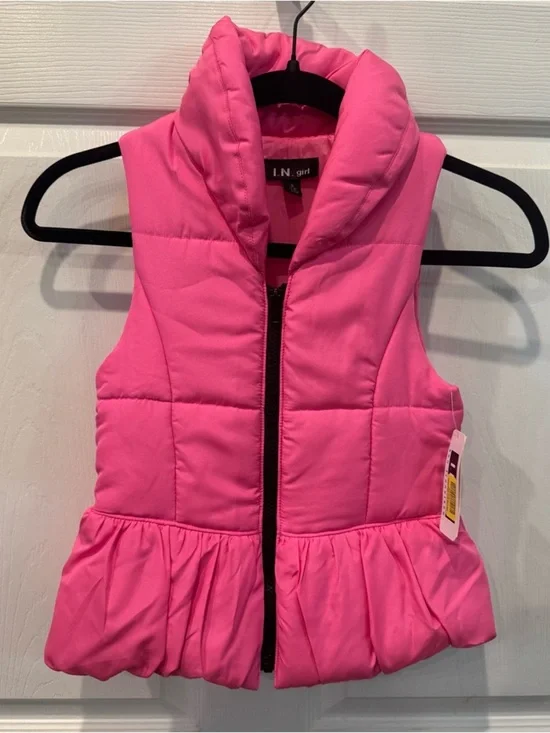 I.N. Girl Pink Quilted Collared Puffer Vest Ruffle Hem Girl’s Size Small (7-8)