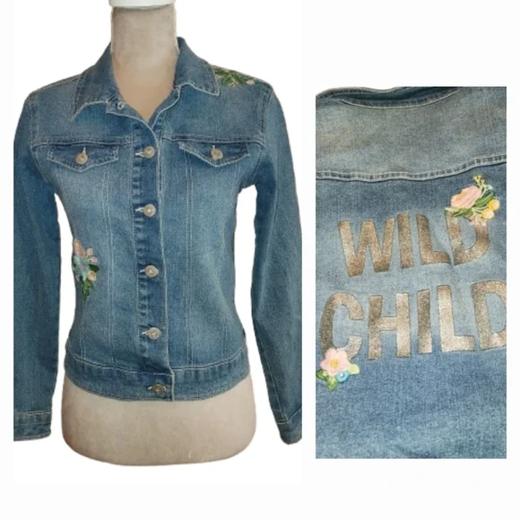 Arizona Jean Co Girls Wild Child Denim Jacket Size XL/16 Embroidery Front & Back
