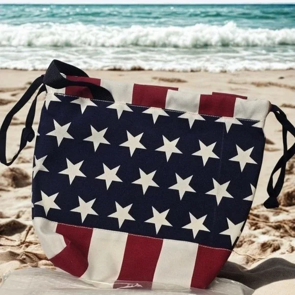 USA Proud Tote bag Heavy Canvas Red White Blue Flag print 13x12 Drawstring NEW