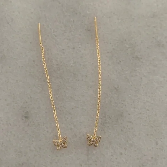 Gold Crystal Butterfly Threaded Earrings Brand New