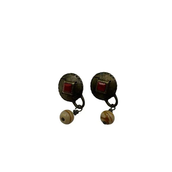 Tribal Design Hammered Disc with Drop Bead Pierced Earring Set
