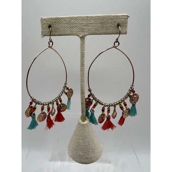 Coin Tassel Hoop Earrings Boho Festival Gypsy Teal Orange Gold Tone 3.5in
