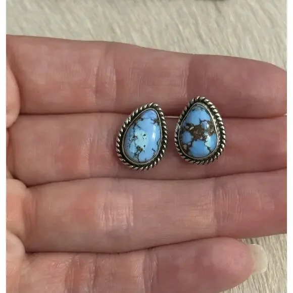 Sterling Silver Blue Golden Hills Turquoise Tear Drop Braided Stud Post Earrings