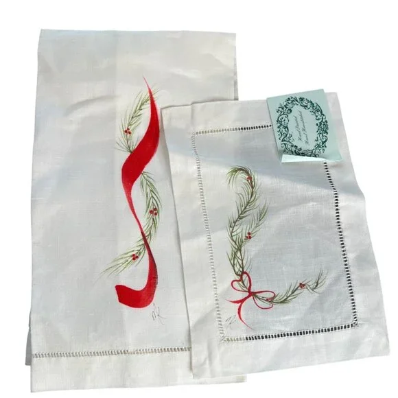 New Hand-Painted Holiday Linen Guest Towels With Hemstitch Design
