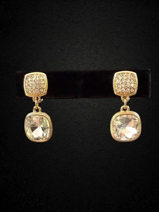 Vintage Monet Clear Rhinestone Glass Drop Clip Earrings Gold Tone Square Dangle