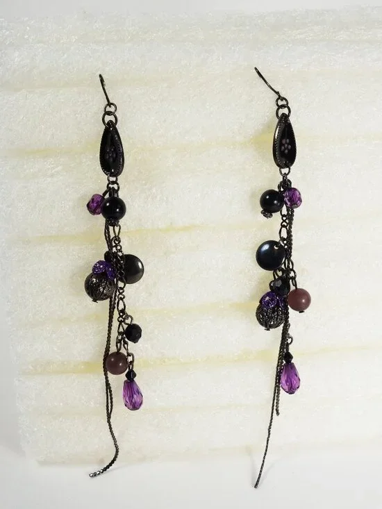 Purple and Black Long Drop Earrings EUC