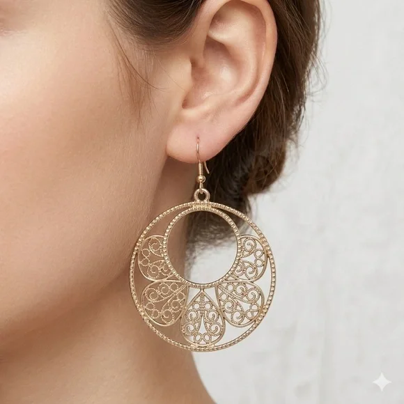 Gold Tone Filigree Petal Hoop Earrings | Textured Floral Statement