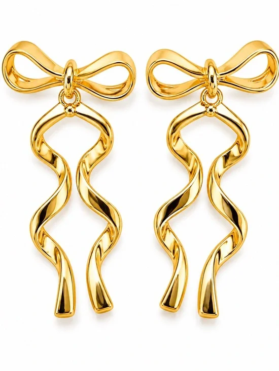 NEW Gold Tone Bow Ribbon Drop Earrings Coquette Statement Dangle Earrings