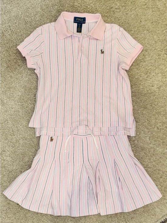 Polo by Ralph Lauren Light Pink White Blue Striped Girls Polo Top & Skort Set