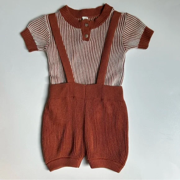Tun Tun Baby Boy Brown Knit Ribbed Suspender Short Set, Size 12-18  Months